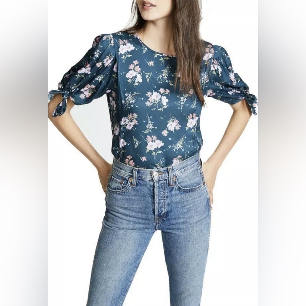 Rebecca Taylor / Emilia silk twill floral Top navy blue pink Tie Sleeve Sz 0